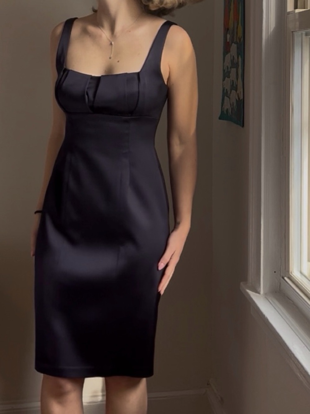 David Meister Black Satin Square-Neck Midi Dress